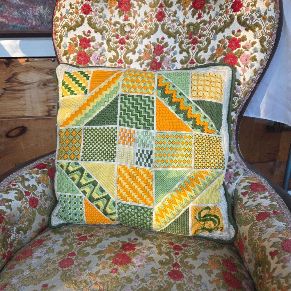 Vintage 1970s Needlepoint Throw Pillow 16x15 Geometric Patchwork Green Orange